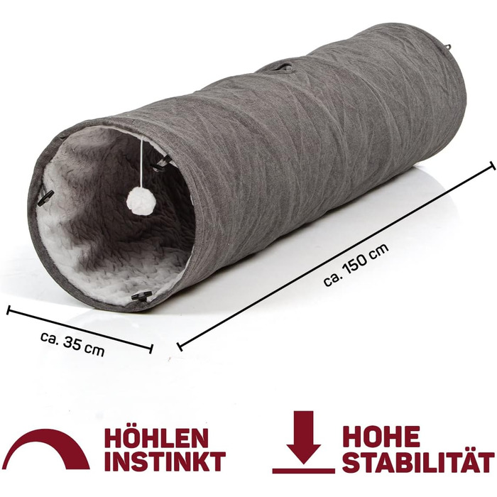 Ігровий тунель для котів CanadianCat XXL, плюшевий, сірий, 35x150 см, з іграшкою