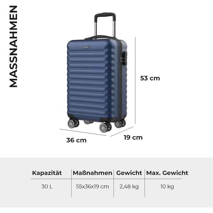 Дорожня валіза Upfly XS 55x36x19 см, 31 л, ABS, 4 подвійні гумові колеса, кодовий замок, жорсткий корпус, з роздільником і ременями для фіксації речей