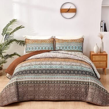 Покривало WONGS BEDDING 220x240 см Boho, стьобане, мікрофібра, 3 предмети: покривало та 2 наволочки 50x70, для двоспального ліжка, коричневе, для спальні чи дивана
