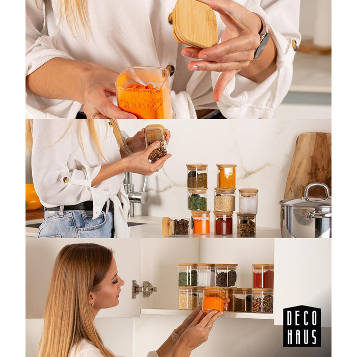 Набір скляних банок для спецій з дерев'яною кришкою Deco Haus, 10 шт, квадратні, герметичні, з етикетками — контейнери для зберігання спецій