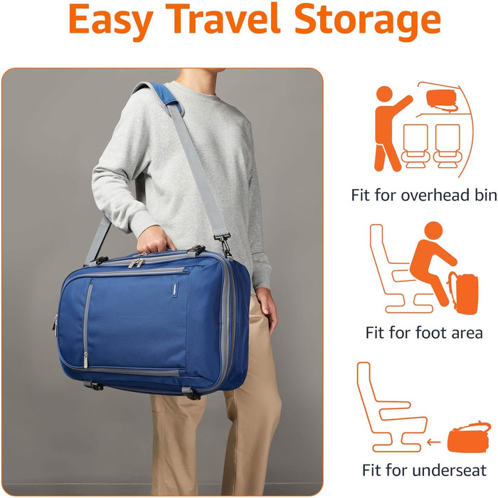 Рюкзак для подорожей Amazon Basics 40L, ручна поклажа, відсік для ноутбука 17'', органайзери, темно-синій, 51x38x20 см