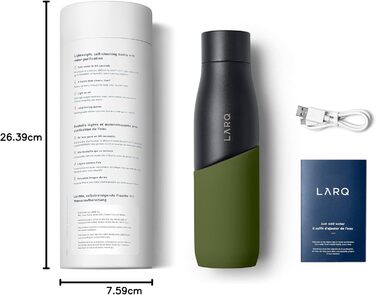 Бутилка LARQ Movement PureVis 950 мл, самочищувальна, нержавіюча сталь з силіконовим чохлом, UV-дезінфекція, легка, ударостійка, зберігає прохолоду води, для спорту, бігу, туризму, чорна/сосна
