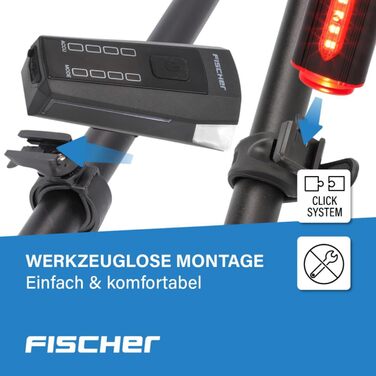 Велосипедний набір освітлення FISCHER: передня і задня LED фара з акумулятором, USB-зарядкою, захистом від бризок IP44, сертифікований StVZO