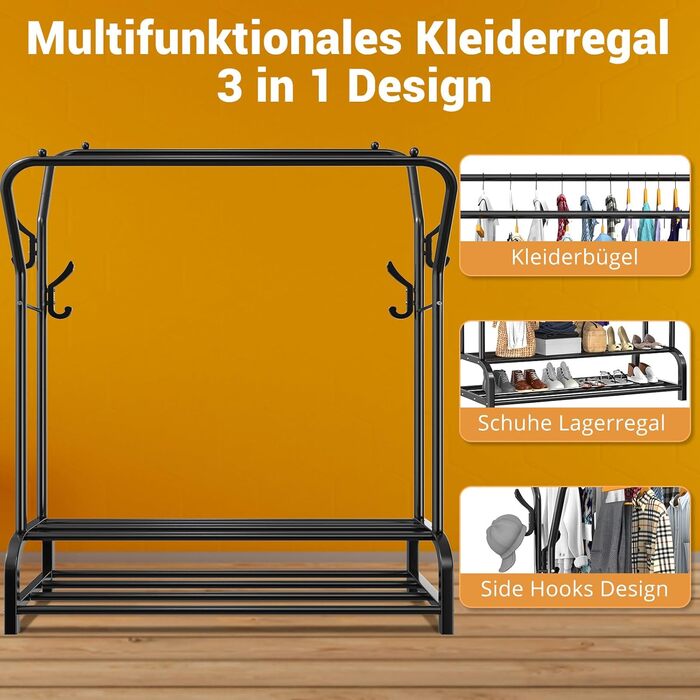 Вішак для одягу LOEFME, подвійний, металевий, 110x35x146 см, мінімалізм, чорний, стійка для спальні