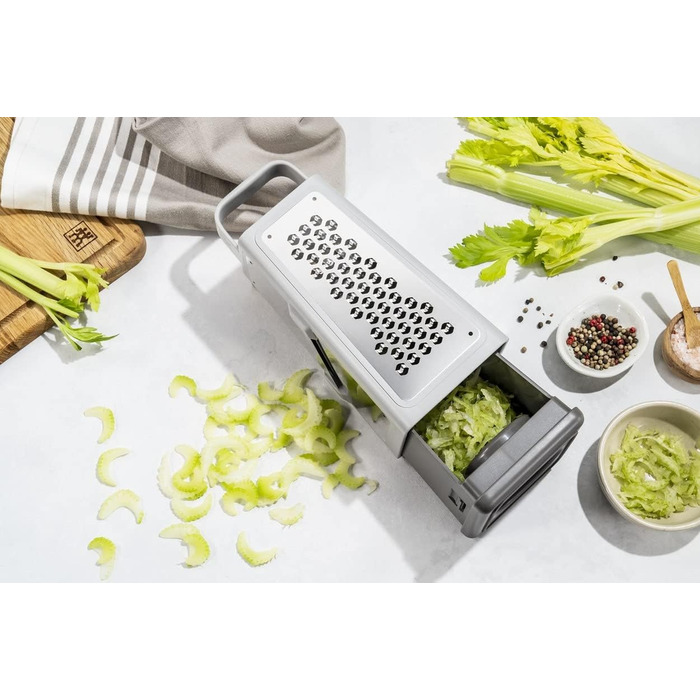 Терка кухонна ZWILLING Z-Cut, 4 насадки, нерж. сталь, з контейнером, для овочів, сиру, картоплі, пармезану, двостороння, 26×11×11 см, підходить для посудомийки, сіра