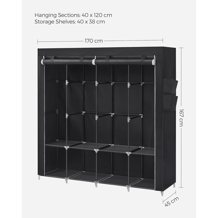 Тканинна шафа SONGMICS 45x170x167 см з 4 полицями, відділеннями для підвішування, 4 бічними кишенями, містка, для спальні та вітальні, чорна