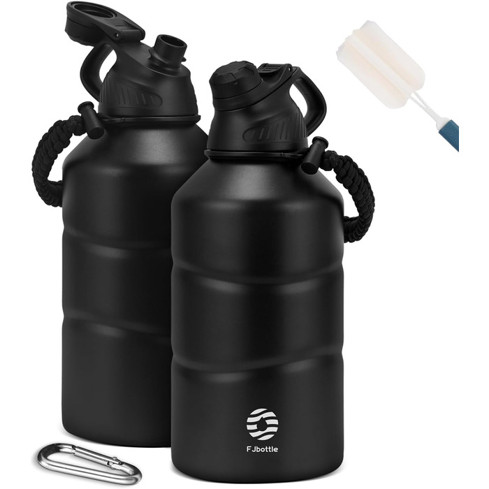 Термос Fjbottle 1900 мл з нержавіючої сталі, магнітна кришка, подвійні стінки, BPA Free, для води, газованих напоїв, спорт, фітнес, кемпінг, чорний