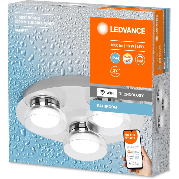 Розумна LED лампа LEDVANCE Orbis Round для ванної, 18Вт, 1800Лм, 3000-6500К, 30см, IP44, хром, диммована, WiFi, керування через додаток і голосових асистентів