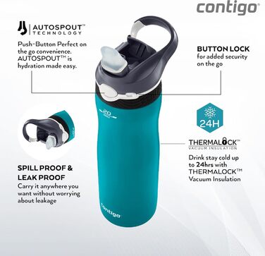 Термобутилка Contigo Ashland Chill з трубочкою, нержавіюча сталь, 590 мл, ізольована, для спорту, велосипеда, туризму, не протікає (Scuba)