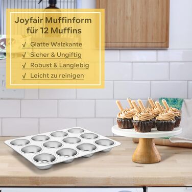 Форма для мафінів Joyfair з нержавіючої сталі на 12 мафінів, 35x27 см, для кексів, капкейків, брауні, пудингів і тістечок, безпечна, для духовки та посудомийки