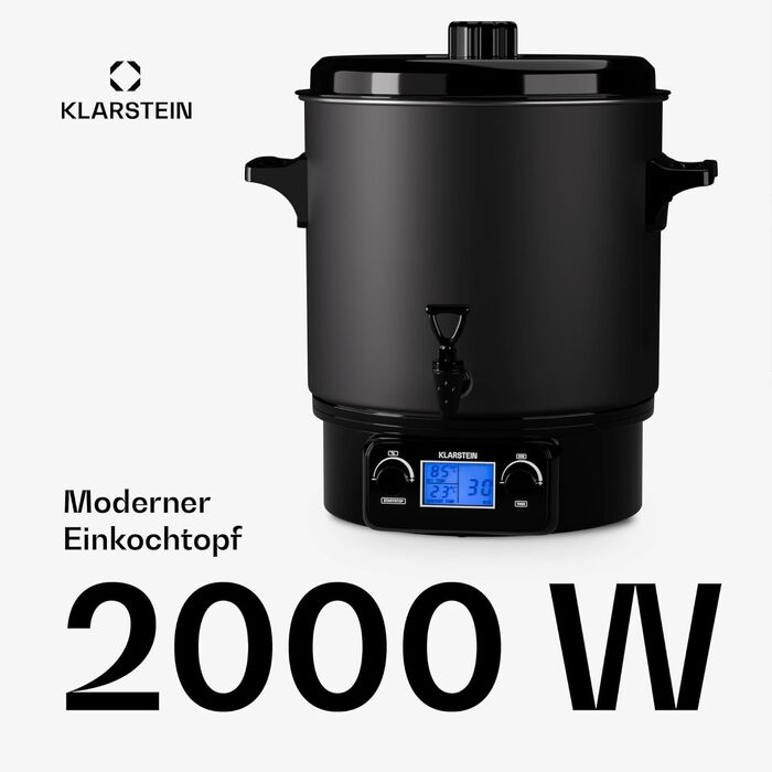 Електричний стерилізатор Klarstein Biggie Small, 27 л, 2000 Вт, цифровий, регульована температура, таймер 120 хв, для консервування, глінтвейну, матовий чорний