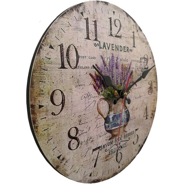 Стіна годинник YOAI кухонний вінтажний Shabby Chic, антикварний стиль, рустикальний, кварцовий, безшумний механізм, 30 см, MDF, лаванда в горщику