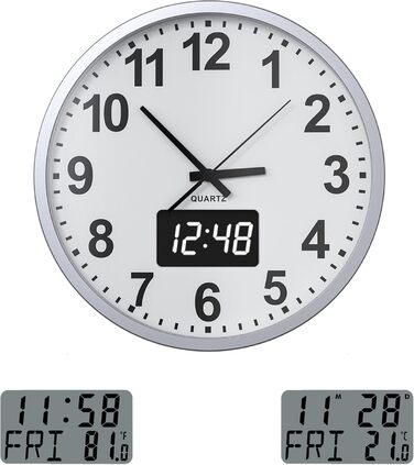 Сучасний настінний годинник KWANWA без тикань, цифровий LED/LCD дисплей, календар, термометр, на батарейках, 30,5 см, 12-годинний формат, для кухні, спальні, офісу, сріблясто-білий