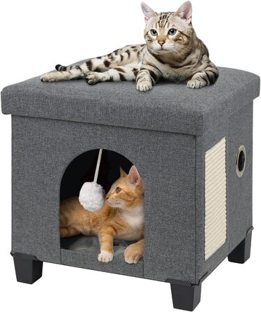 Складна котяча будка BRIAN & DANY для великих котів з когтеточкою, іграшкою та м'яким пуфом на дерев'яних ніжках, 37,5×32,5×36 см, сіра