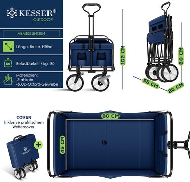 Складаний візок KESSER для транспортування, вантажопідйомність 150 кг, 360° ПВХ-колеса, 2 сітчасті кишені, бічна кишеня, чохол, без даху, синій, для саду та господарства