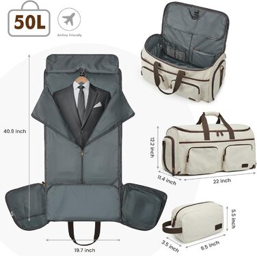 50L Унісекс 3-в-1 дорожній чохол для одягу з канви, сумка для костюмів та речей, з косметичкою, для подорожей, відряджень, зберігання (бежевий)