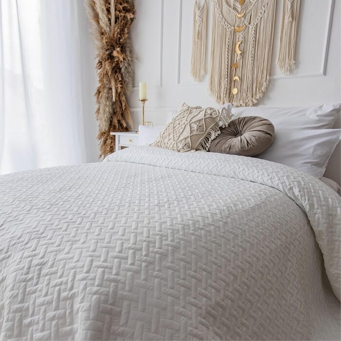 CalmyHOME Покривало стьобане 240x260 см біле для ліжка та дивана, великий розмір, універсальний текстильний плед, покривало на ліжко та диван, декоративна стьобана ковдра