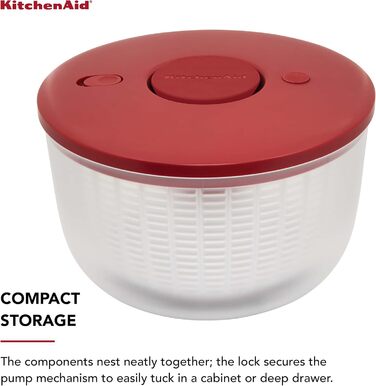 Сушарка для салату KitchenAid KQ308OSERA універсальна з від'ємним ситом, одноручним помповим механізмом, велика чаша з нековзною основою, пластик, червона Empire