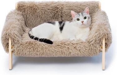 Підняте дерев'яне ліжко-софа для котів MEWOOFUN 56x45 см, міцне котяче ліжко зі стильним дизайном, знімний чохол, витримує до 10 кг, світло-коричневе