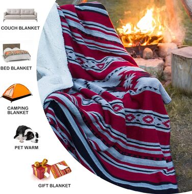 Плед HORIMOTE HOME Boho з м'яким шерпа-підкладом, азтекський стиль, легка тепла ковдра для дивану, ліжка, кемпінгу, 152x203 см, червоний