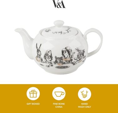 Керамічний чайник V&A Аліса в Країні Див, білий, 450 мл, з кришкою, декорований — для чаю, води, сервірування
