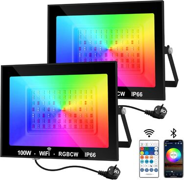 Світлодіодний прожектор для вулиці 100W Smart RGB, з дистанційним керуванням та Bluetooth-додатком, IP66, зміна кольору, комплект 2 шт. Для саду та двору
