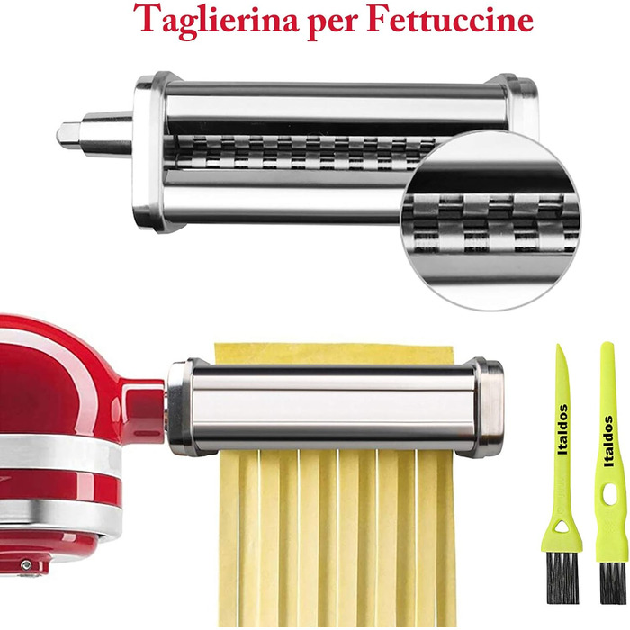 Насадка для макаронів Italdos 3-в-1 для KitchenAid: валик для лазаньї, різак для фетучині та спагеті, нержавіюча сталь, з щітками для чищення