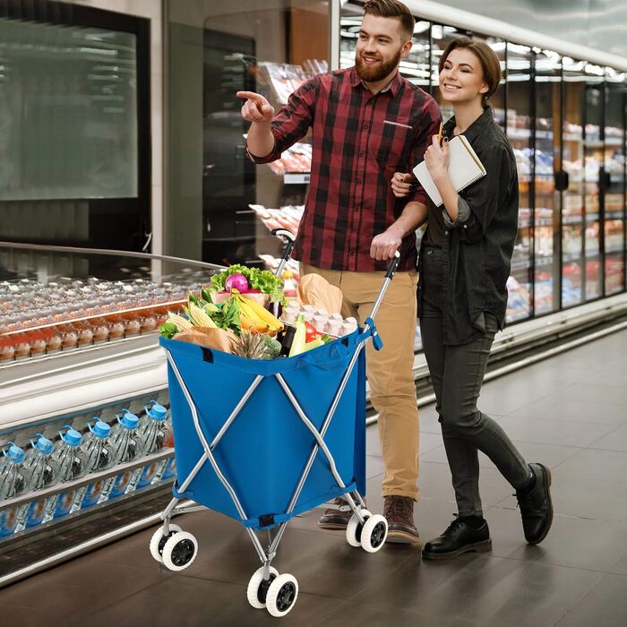 Складаний візок для покупок COSTWAY, 90 л/55 кг, з колесами, знімна оксфордська сумка, для покупок і кемпінгу, синій