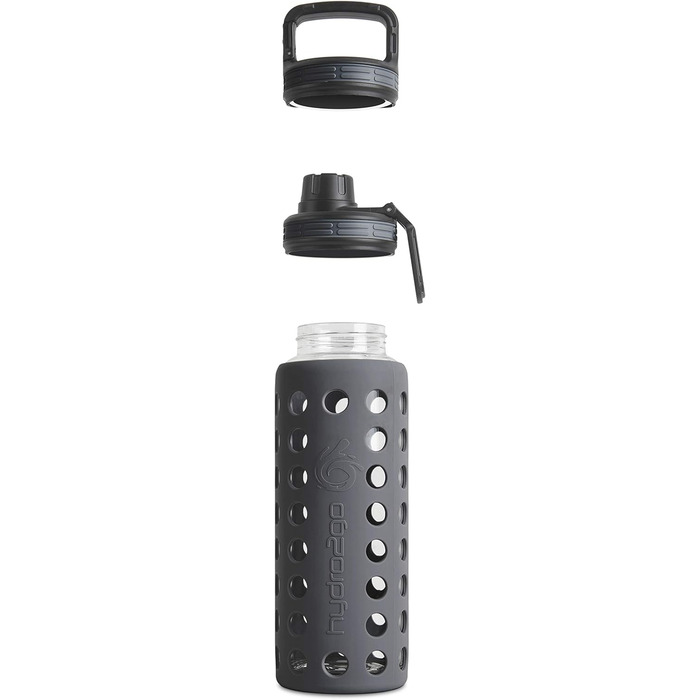 Скляна пляшка для води з силіконовим чохлом Onyx Black 950 мл, герметична, BPA-free, придатна для миття в посудомийній машині, 2 змінні кришки, для офісу, спорту, фітнесу та йоги