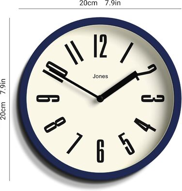 Настінний годинник JONES CLOCKS Retro 20 см, синій, великі цифри, для кухні, офісу, дитячої кімнати, ванної, водостійкий