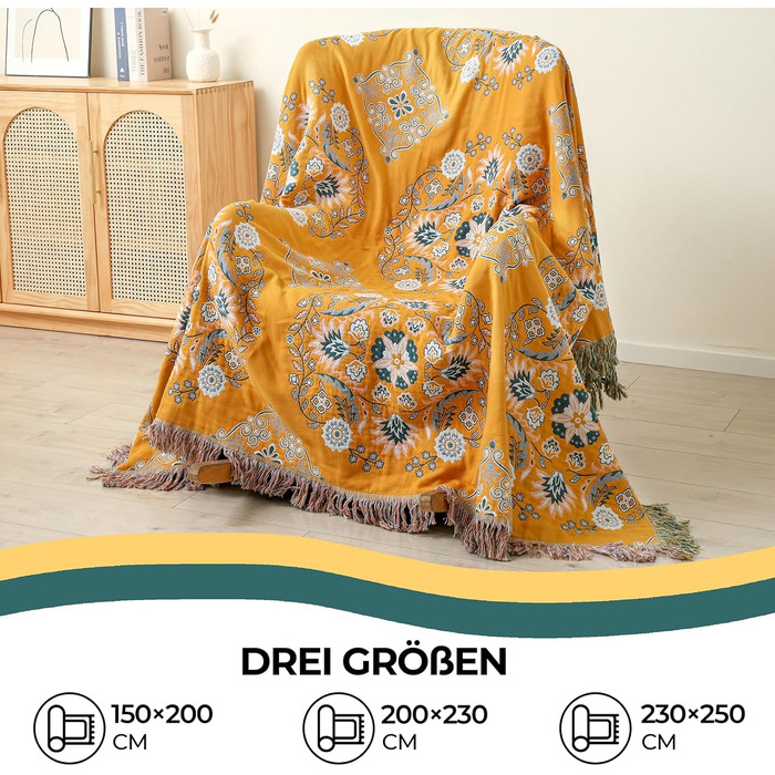 Покривало HOORDRY Boho для ліжка та дивана, бавовняна двостороння ковдра 150×200 см з китицями, жовто-зелене, для спальні та вітальні