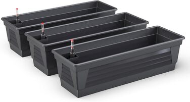 Пластиковий квітник Plastard Milano 3 шт. по 60 см, антрацит, з водозапасом і індикатором рівня води, для саду та балкона, стійкий до погодних умов, для внутрішнього та зовнішнього використання