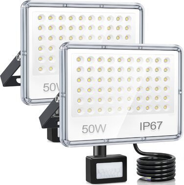 LED прожектор з датчиком руху для вулиці 50 Вт, 5000 Лм, холодне біле світло 7000K, IP67, водонепроникний, комплект 2 шт. для складу, саду, гаражу