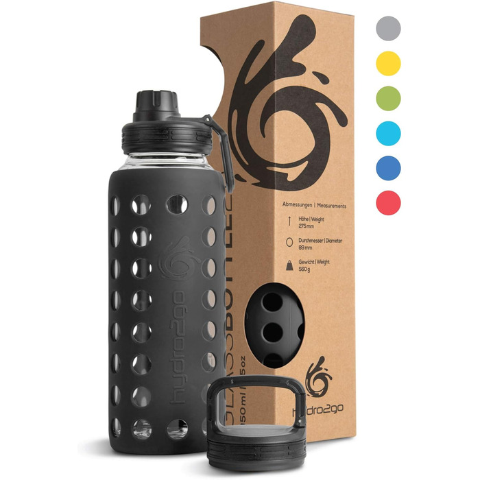 Скляна пляшка для води з силіконовим чохлом Onyx Black 950 мл, герметична, BPA-free, придатна для миття в посудомийній машині, 2 змінні кришки, для офісу, спорту, фітнесу та йоги
