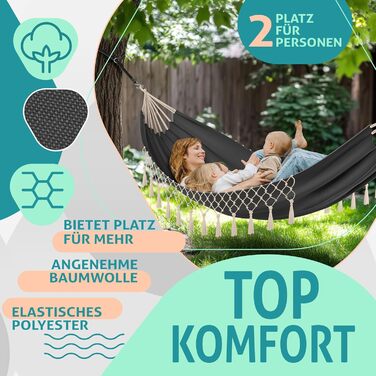 Гамак KESSER 320x150 см, до 300 кг, водостійкий і дихаючий, з китицями, для 1-2 осіб, для кемпінгу, саду й вулиці, з чохлом, мотузками й ременями, антрацитовий