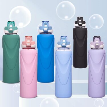 Скляна пляшка для води 1 л з трубочкою, BPA free, боросилікат, силіконова обгортка, темно-зелена