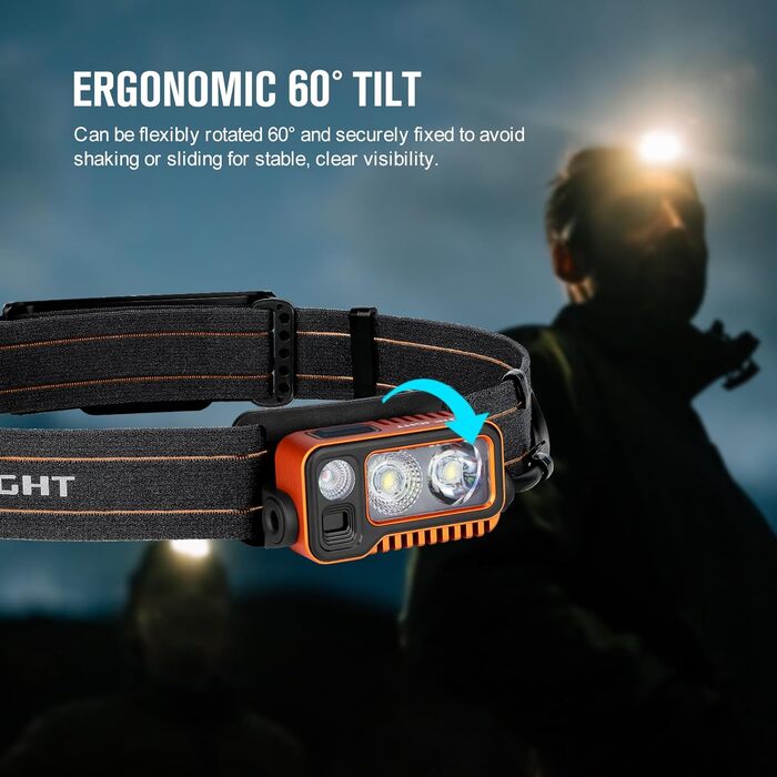 Налобний ліхтар OLIGHT Array 2 Pro з LED, жестовим керуванням, 1500 лм, 150 м, USB-C, акумуляторний, 3 режими світла, червоне світло, 60° регулювання, SOS, помаранчевий