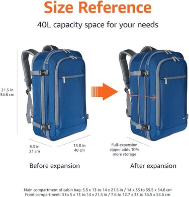 Рюкзак для подорожей Amazon Basics 40L, ручна поклажа, відсік для ноутбука 17'', органайзери, темно-синій, 51x38x20 см