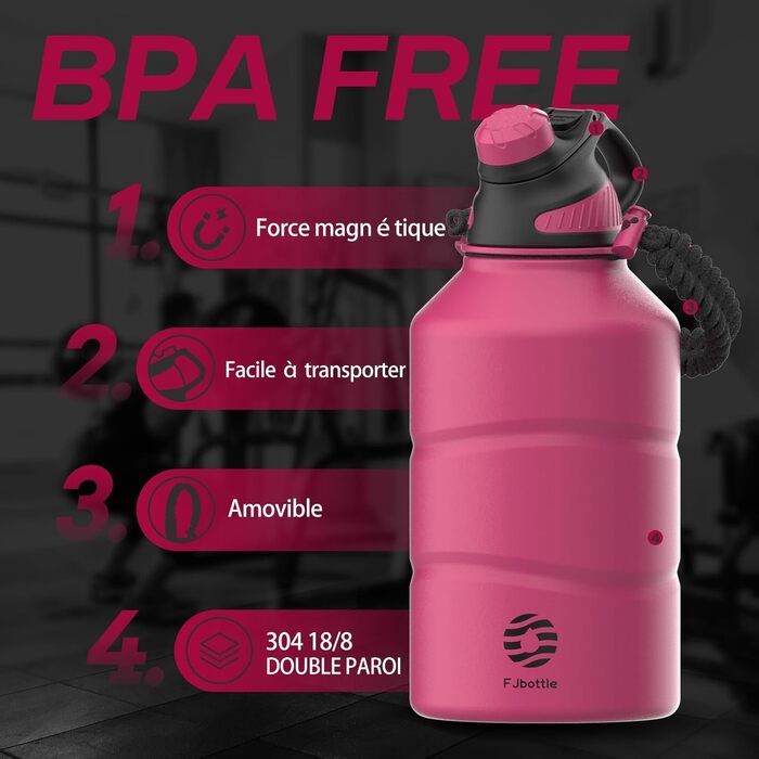 Термос-бутилка Fjbottle 1900 мл з нержавіючої сталі з магнітною кришкою, подвійними стінками, без BPA, підходить для газованої води, спортивна пляшка для фітнесу, університету, кемпінгу, на відкритому повітрі (магентовий колір)
