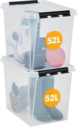 Велика прозора коробка для зберігання SmartStore з кришкою, 52 л, набір 2 шт., посилена, харчовий BPA-free пластик, кліп-застібка, штабельована, гарантія 10 років, 50x39x41 см