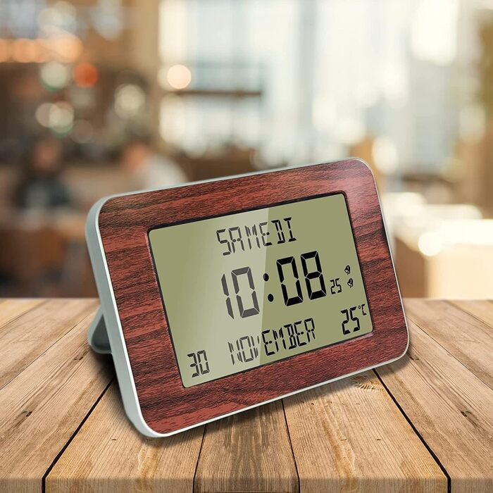 Цифровий настінний годинник-будильник FISHTEC з календарем, великою LED-індикацією, відображенням дати, дня, часу, температури, 2 будильниками, дерев'яний дизайн, 24x14 см