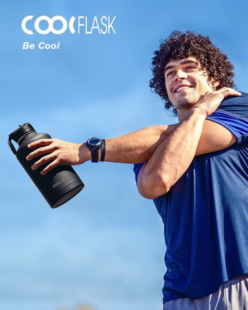 Термос пляшка для води Coolflask 2 л з трубочкою та 3 кришками, ізольована сталева спортивна пляшка з подвійною вакуумною ізоляцією, не протікає, чорна для спорту та офісу