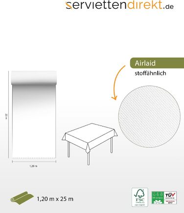 Airlaid скатертина-рулон 118×25 м, біла, для сервірування столу, сервировочна, одноразова, serviettendirekt.de