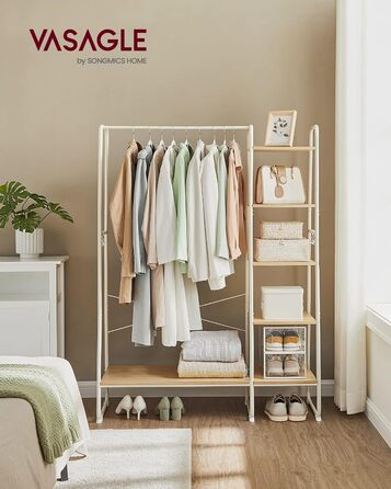 VASAGLE Вішалка-стійка для одягу з полицею для взуття, 45x120x160 см, відкритий гардероб, 6 знімних гачків, для спальні та передпокою, вінтажний коричневий/чорний, дуб/матовий білий