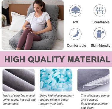 Подушка для вагітних TaiBest U-подібна, з подрібненого Memory Foam, для сну, підтримка живота, сіра