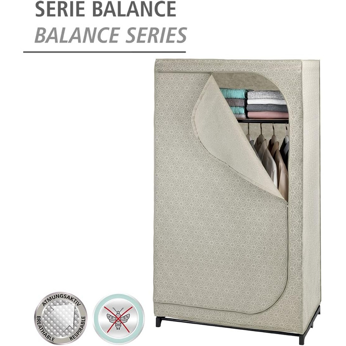 Тканинна шафа WENKO Balance з полицею та штангою, дихаючий чохол, металевий каркас, для зберігання одягу, 90x160x50 см, кольору тауп