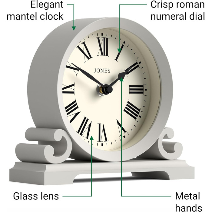 Годинник настільний JONES CLOCKS Saloon, класичний стиль, римські цифри, подвійний скрол, сірий, для столу, полиці чи тумби