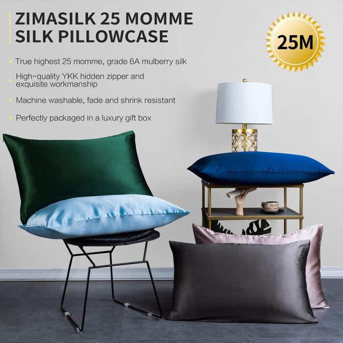 Шовкова наволочка ZIMASILK 25 моммі з натуральної мулбері шовку для волосся та шкіри, обидві сторони, 900 ниток, прихована блискавка, подарункова коробка, світло-блакитна, 50x75 см