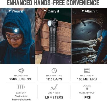 Налобний ліхтар OLIGHT Perun 2, 2500 люменів, 166 м, USB-зарядка, 5 режимів, таймер, акумулятор, для бігу, риболовлі, кемпінгу, чорний