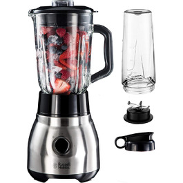 Стаціонарний блендер Russell Hobbs 2-в-1: 1,5 л скляна чаша + 0,6 л пляшка для смузі, нержавіюча сталь, подрібнення льоду, BPA Free, для коктейлів та смузі, модель 23821-56